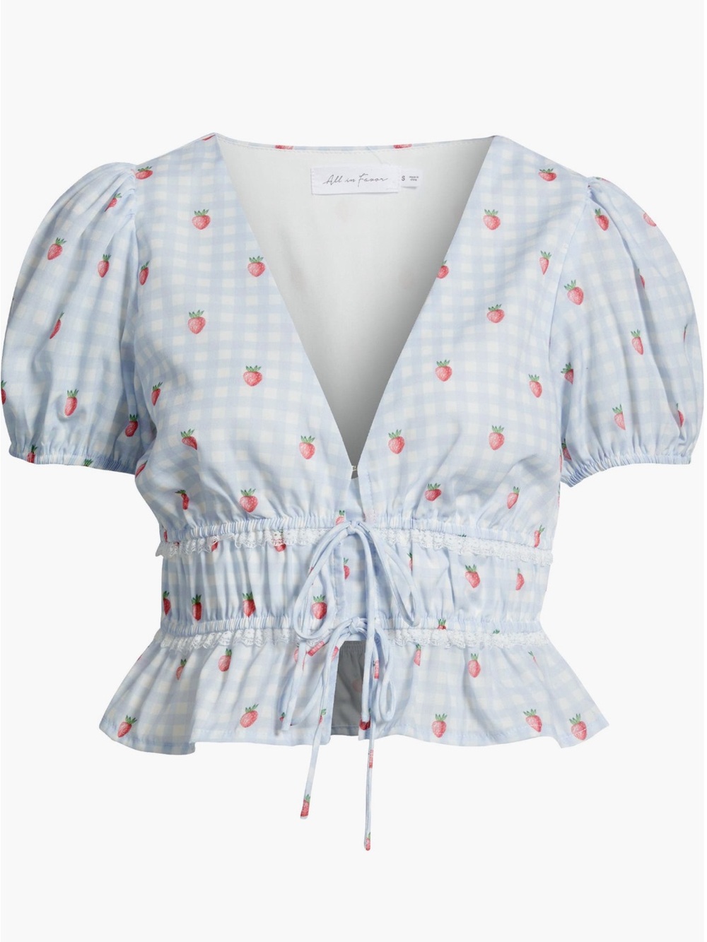 All in Favor White Eyelet Tie-Front Crop Top with Strawberry 🍓 Print Detail